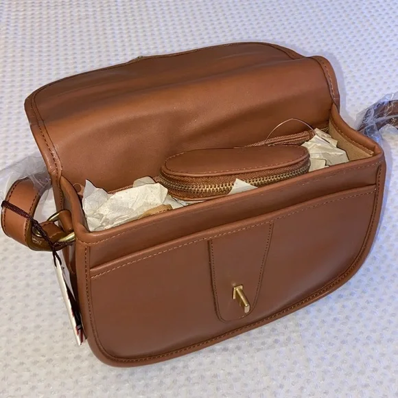 NEW! Vegan Leather Crossbody Purse Bag British Tan Brown - Picture 9 of 17